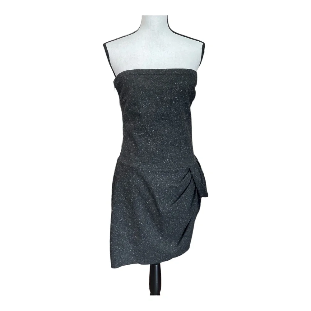 2b. Rych Womens Dress Tulip Sheath Black Tweed Wool Strapless Ruched Mini 10 - Picture 4 of 13